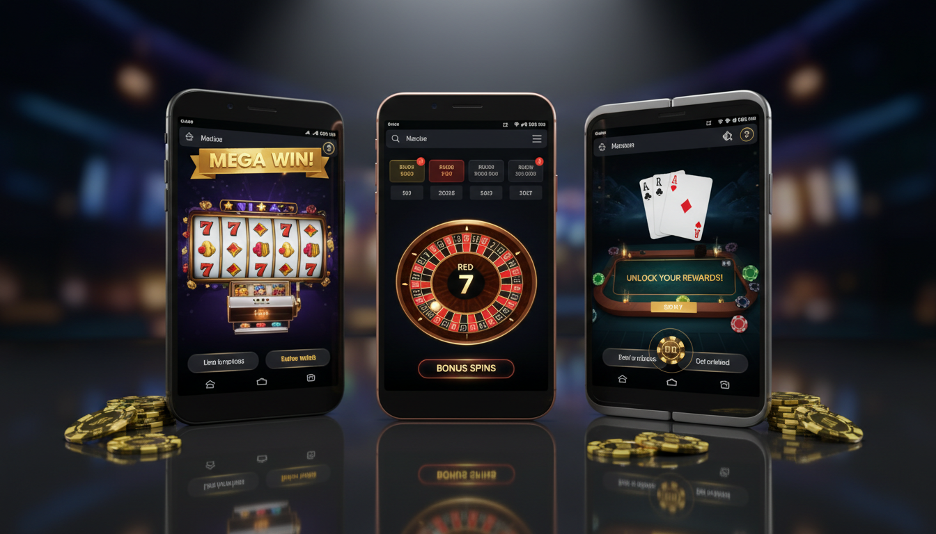 Tablets and smartphones showing different online gambling interfaces and bonus wheels
