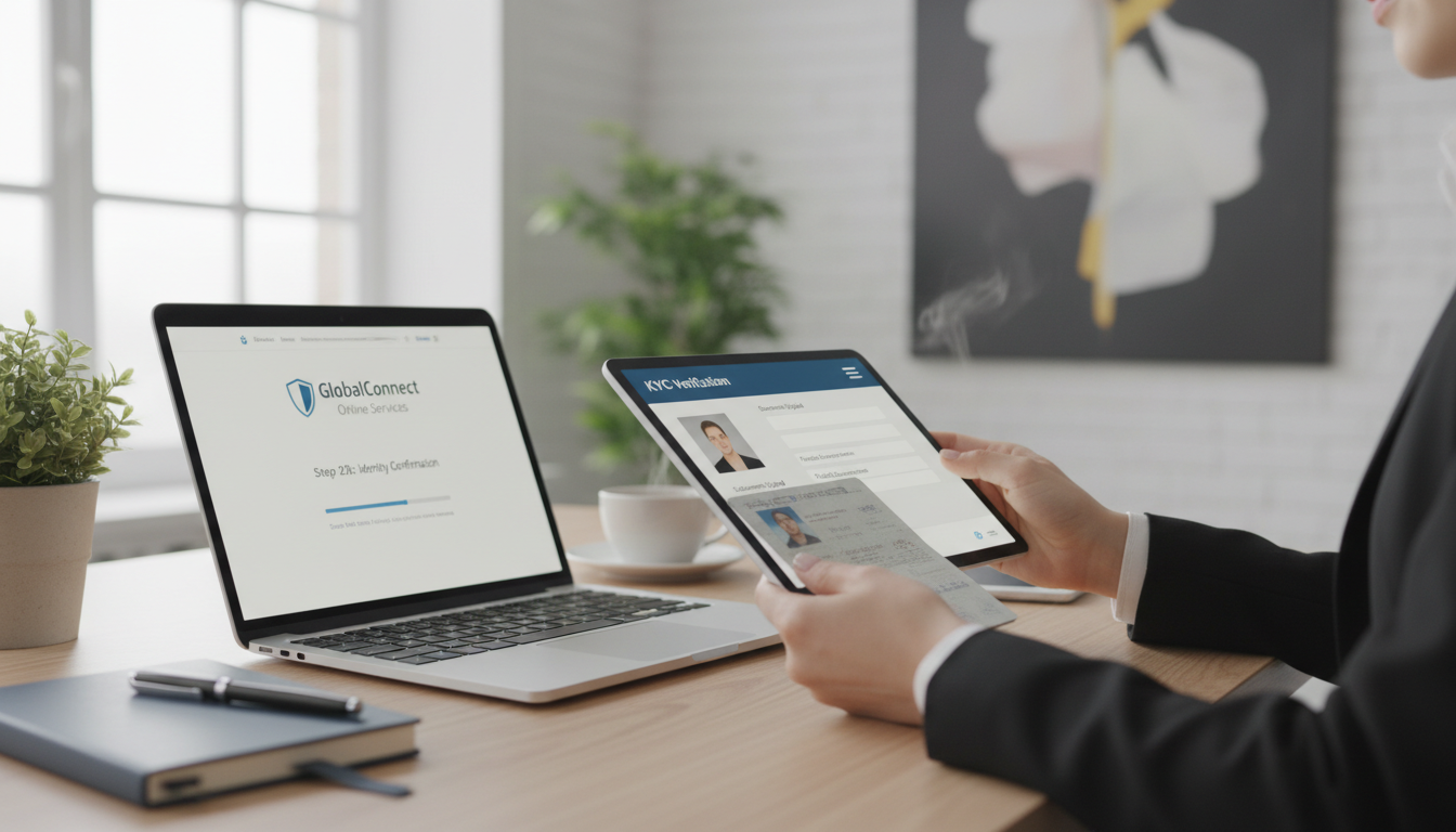 Osoba weryfikująca dokument tożsamości przy laptopie